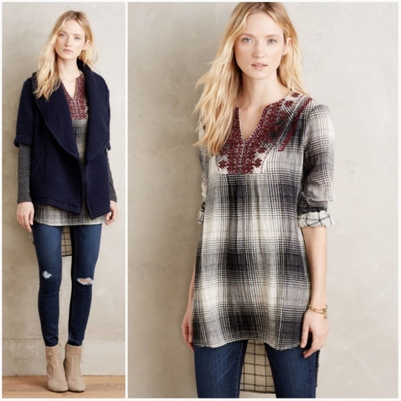 Anthropologie Tops - Anthropologie Floreat Embroidered Plaid Tunic